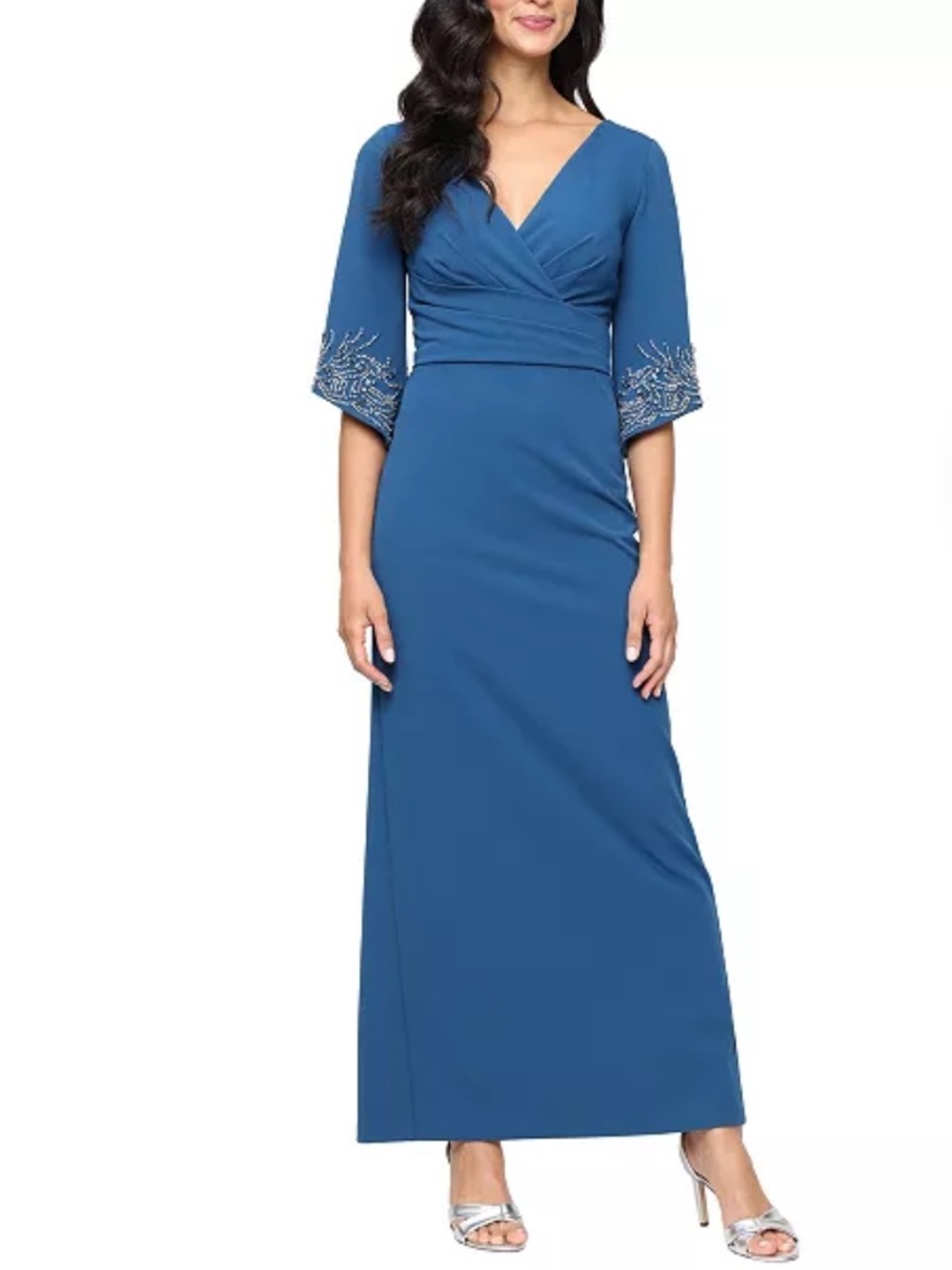 Alex Evenings Long Stretch Crepe Column Dress Teal Beaded Sleeve size 14 NEW